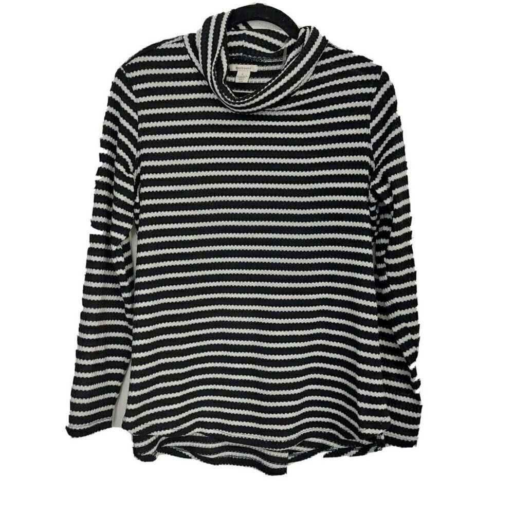 Westbound Waffle Knit Striped Top Pullover Cowl Neck Black White Blouse Size L
